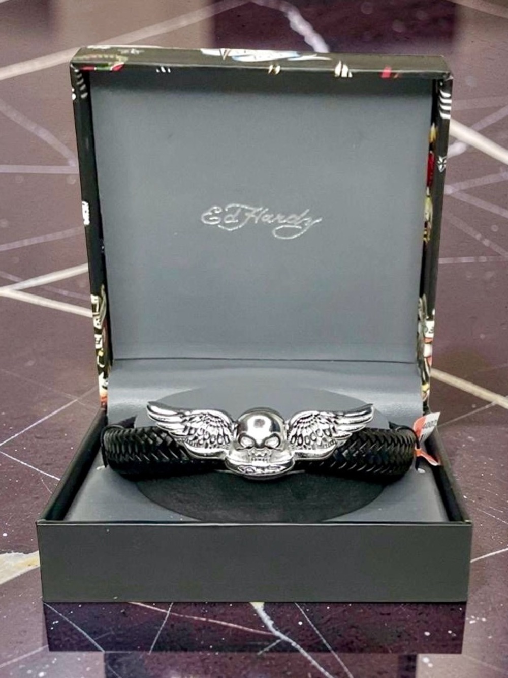 Ed Hardy Stainless Steel Silver Skull With Wings Black Leather Bracelet 8.5" New